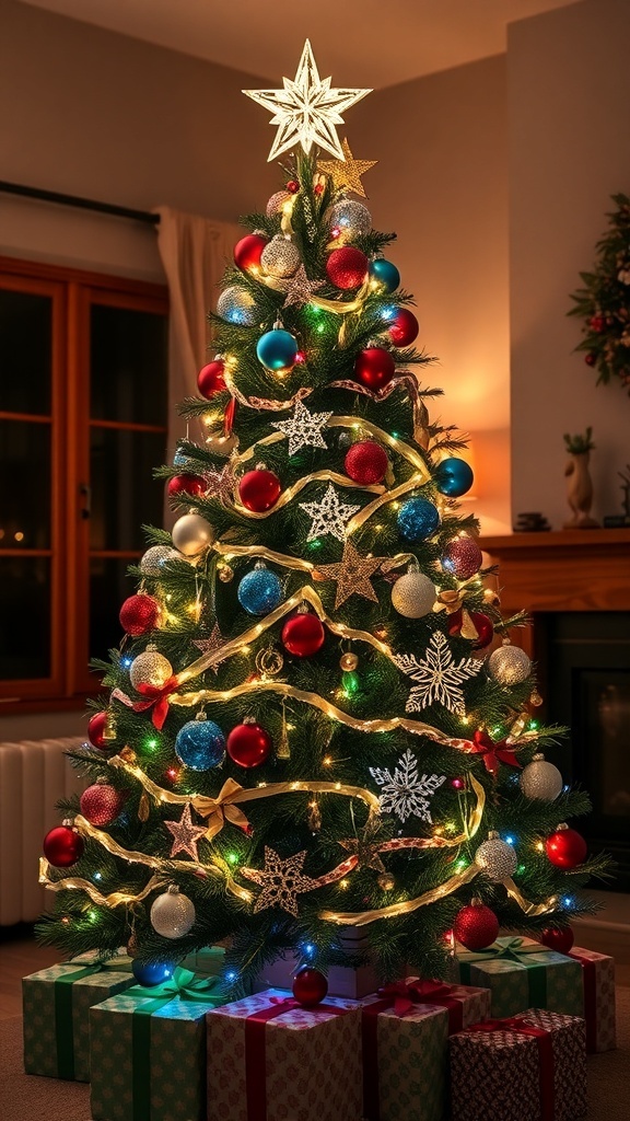 Festive Christmas Tree Decoration Guide A festive Christmas tree with lights and ornaments in a cozy living room.